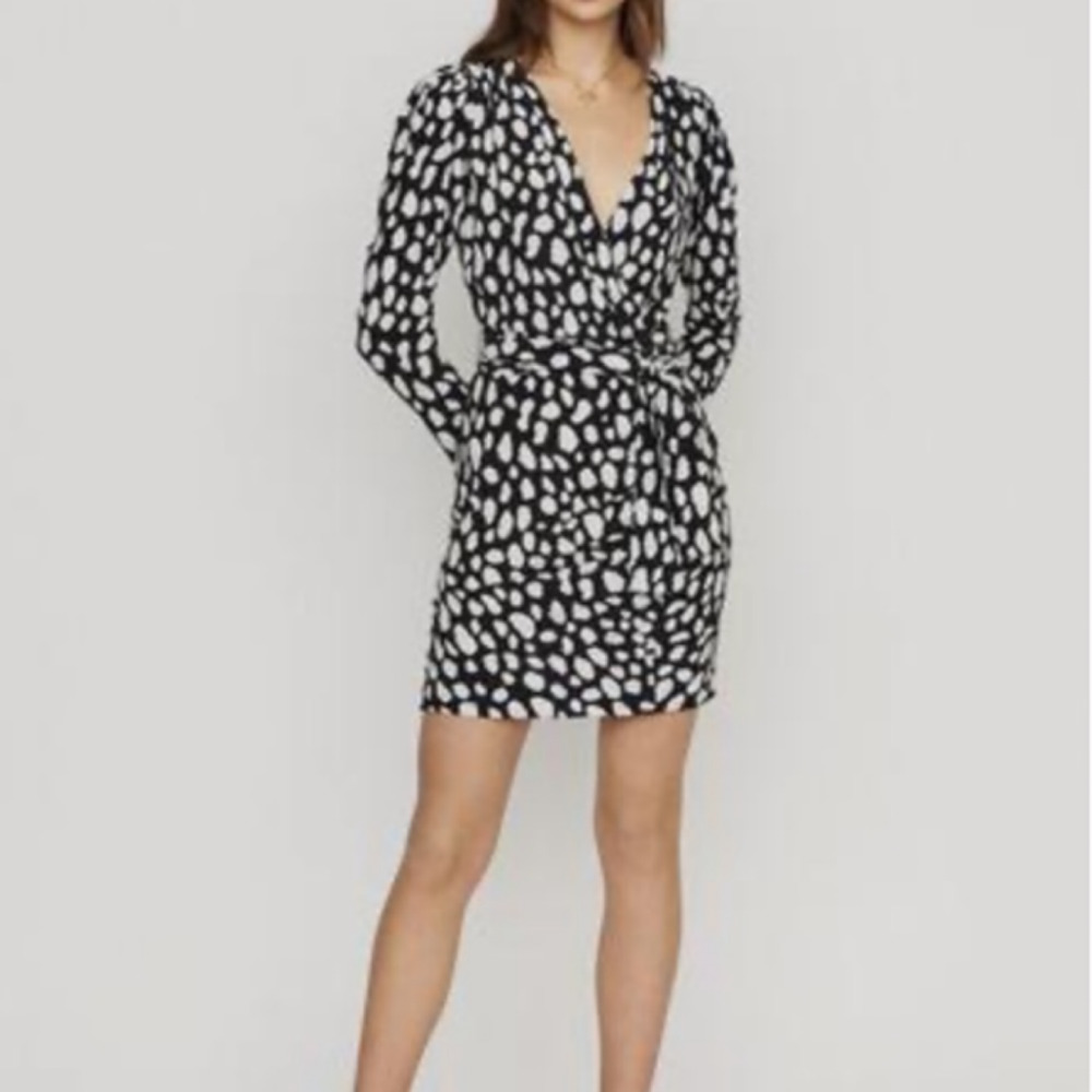 Maje Rossima Black White Spotted Dress V Neck Long Sleeve Faux Wrap Size 2